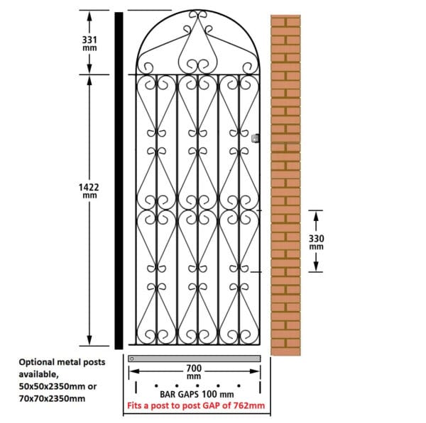 Regent Tall Metal Side Gate Bow Top Wrought Iron Garden Gate - Image 2