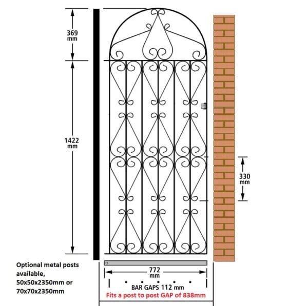 Regent Tall Metal Side Gate Bow Top Wrought Iron Garden Gate - Image 4