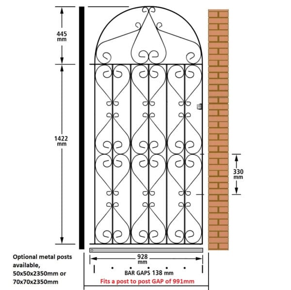 Regent Tall Metal Side Gate Bow Top Wrought Iron Garden Gate - Image 6