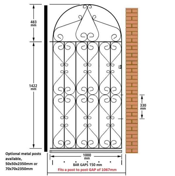 Regent Tall Metal Side Gate Bow Top Wrought Iron Garden Gate - Image 7